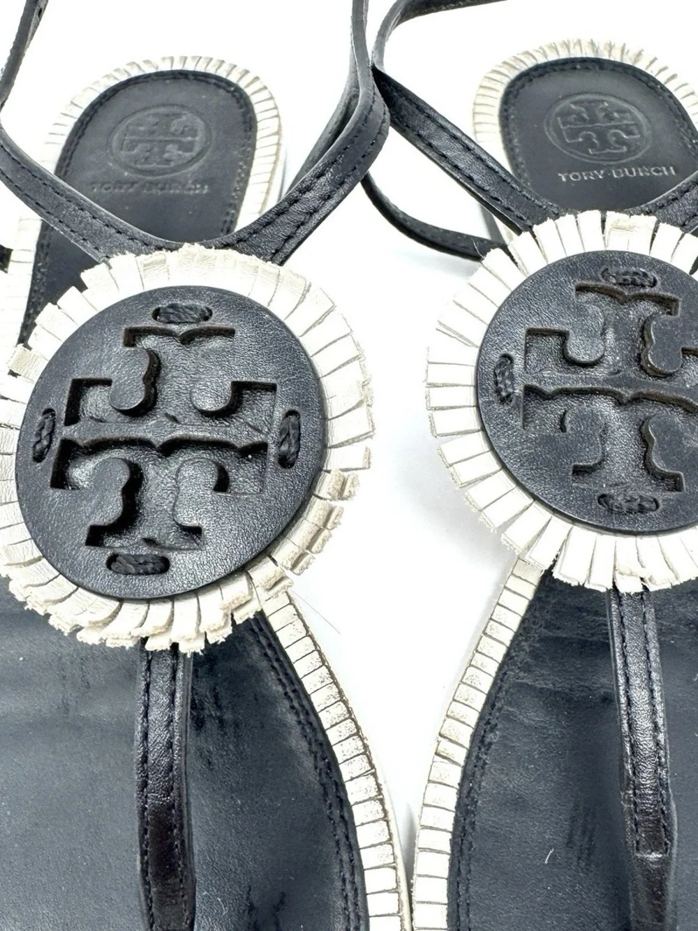 Tory Burch Size 8M Black and White Logo T-Strap Sandals. Box& Dust bag included